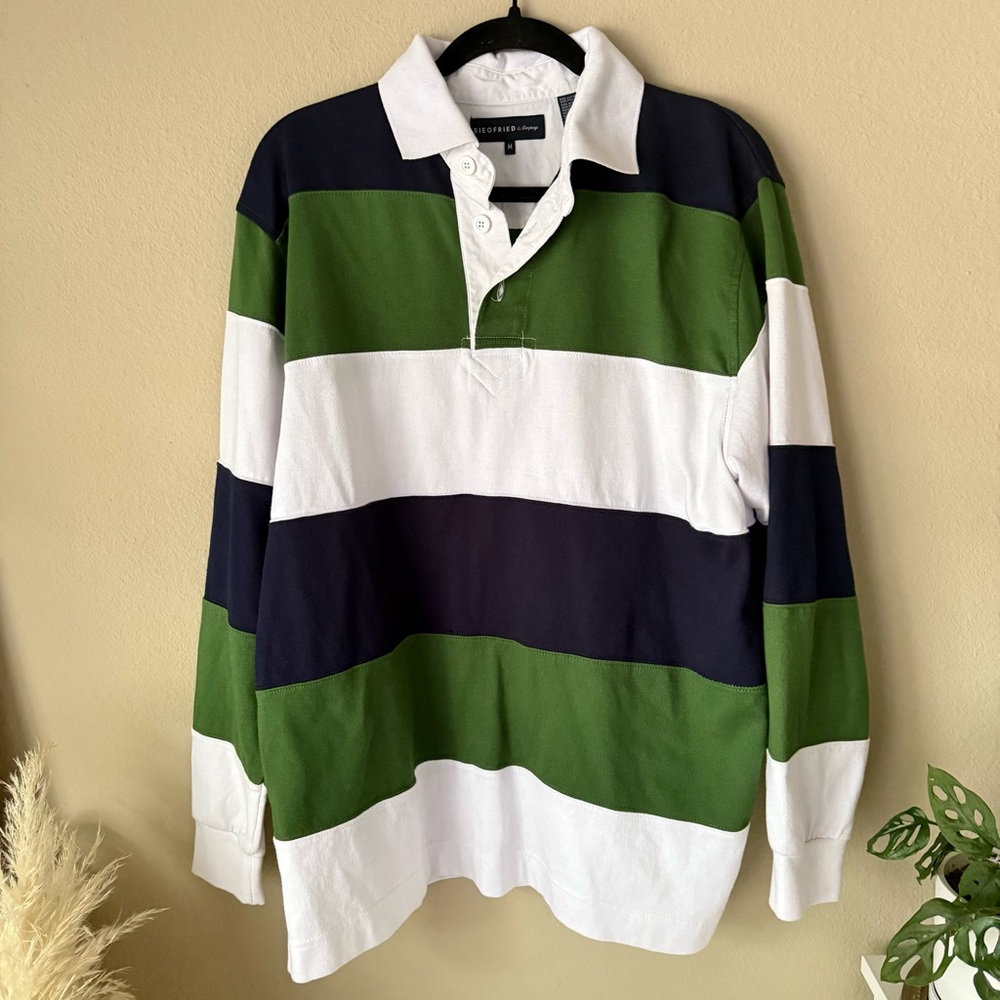 Siegfried & Company Rugby Shirt Collared Button Down Striped Green White Blue
